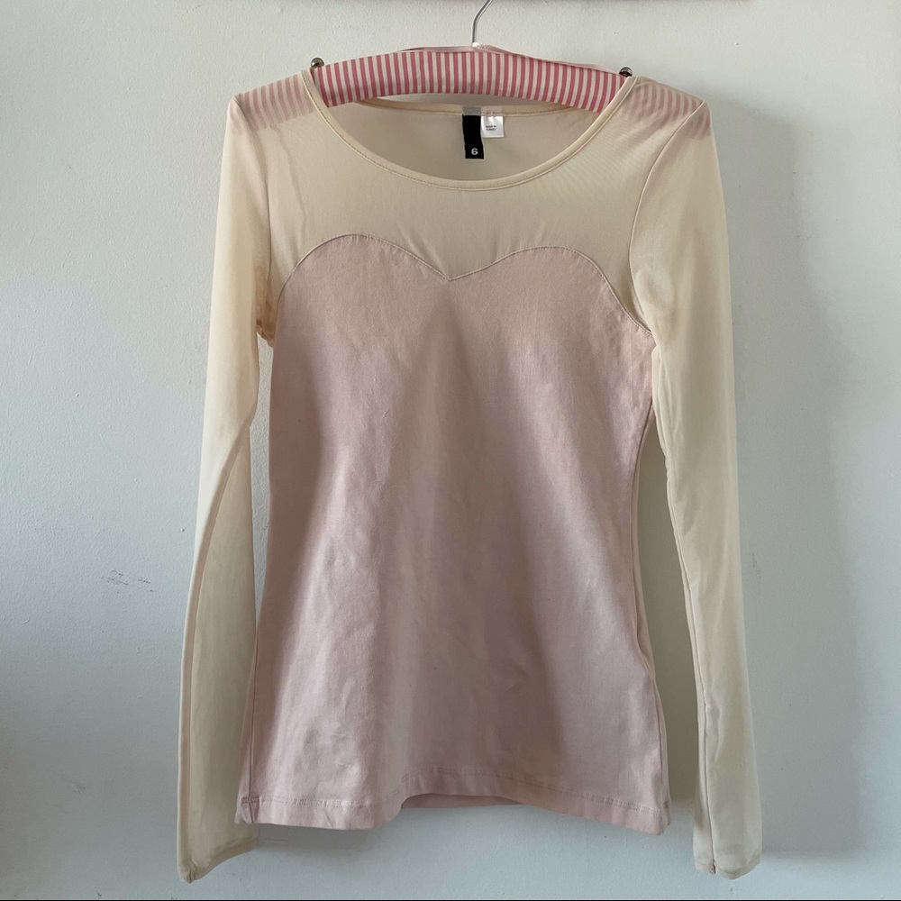 H&M Nude & Pink Mesh Mock Sweetheart Neck Long Sleeve Top